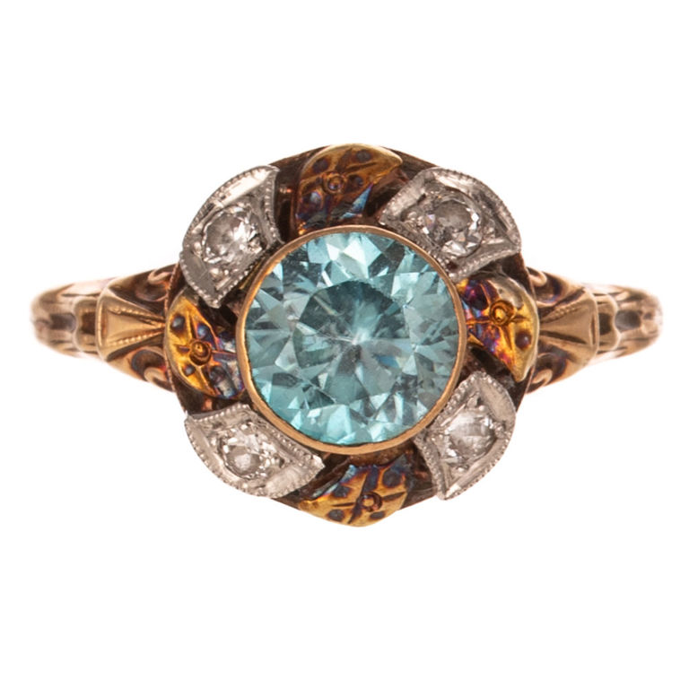 10k Yellow Gold Blue Zircon and Diamond Ring