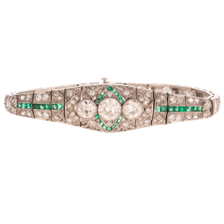 Platinum Diamond and Emerald Bracelet