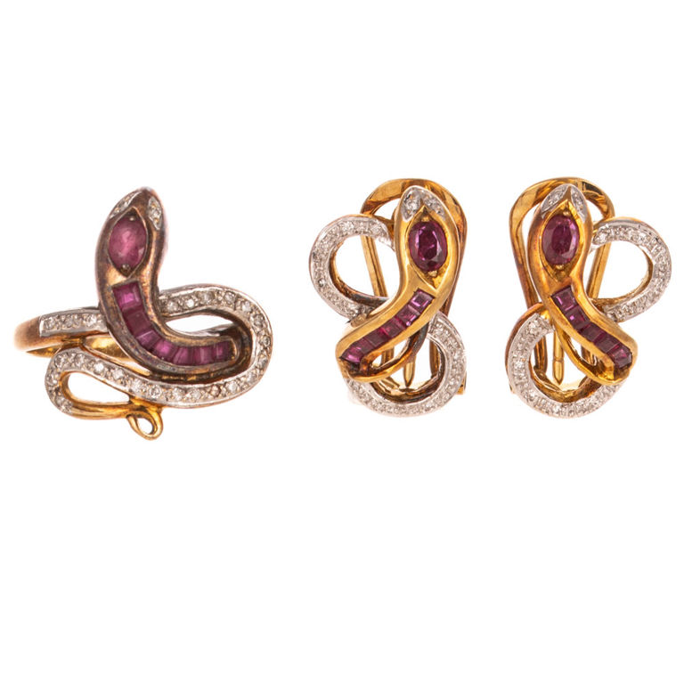 14k Yellow Gold Ruby and Diamond Snake Jewelry Set