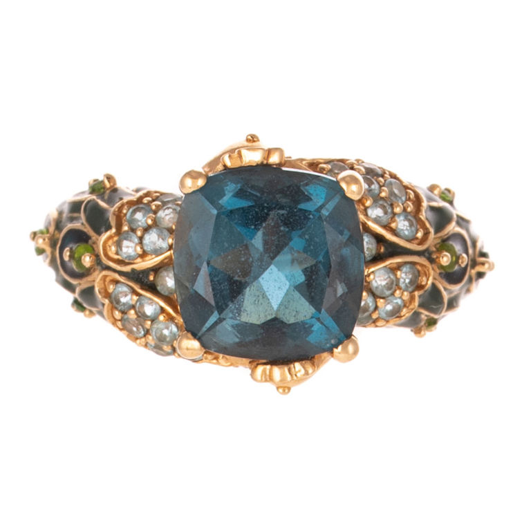 14k Gold Topaz, Amethyst and Enamel Peacock Ring