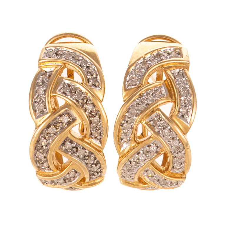 14k Yellow Gold Diamond Braided Half Hoop Earrings