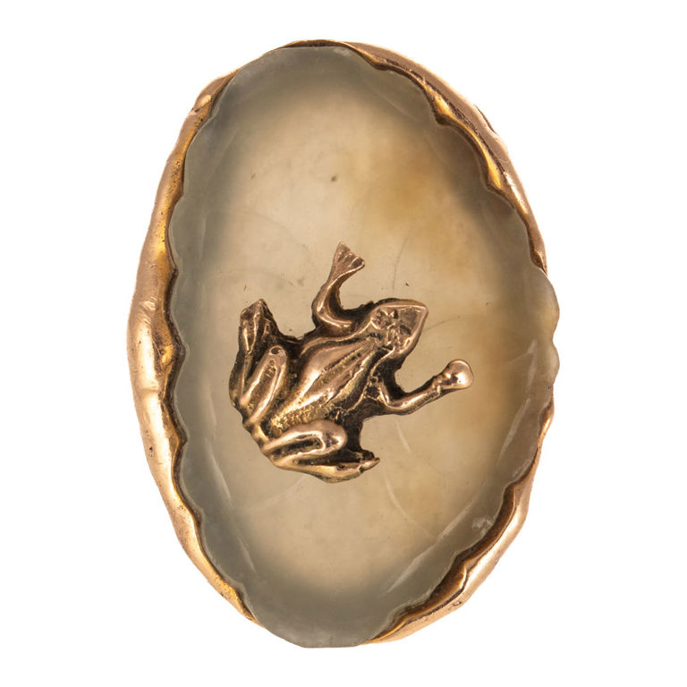 14k Gold Green Hardstone Lily Pad and Frog Ring