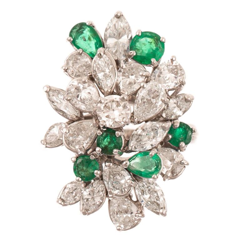 Platinum Diamond and Emerald Cocktail Ring