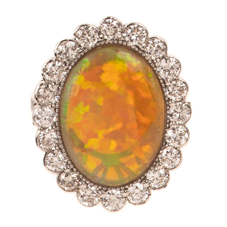 Platinum Opal, Diamond and Ruby Ring