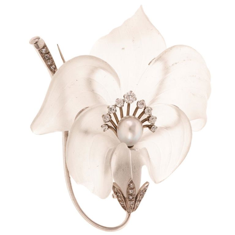 14k Gold Quartz, Diamond and Pearl Flower Brooch