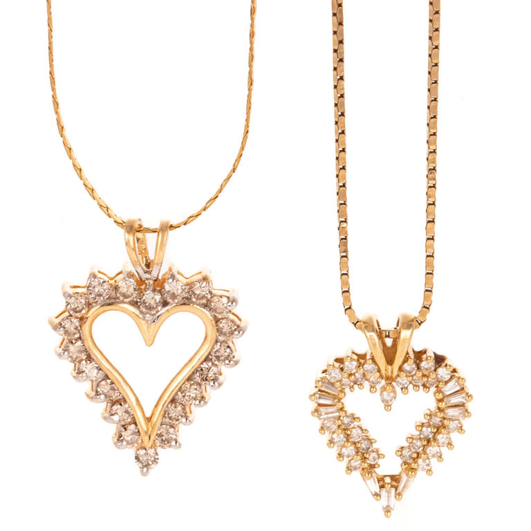 Two Yellow Gold Diamond Heart Pendant Necklaces