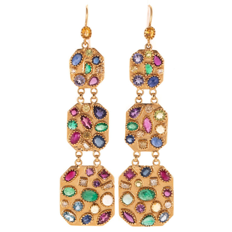 14k Yellow Gold Multi-Gemstone Dangle Earrings