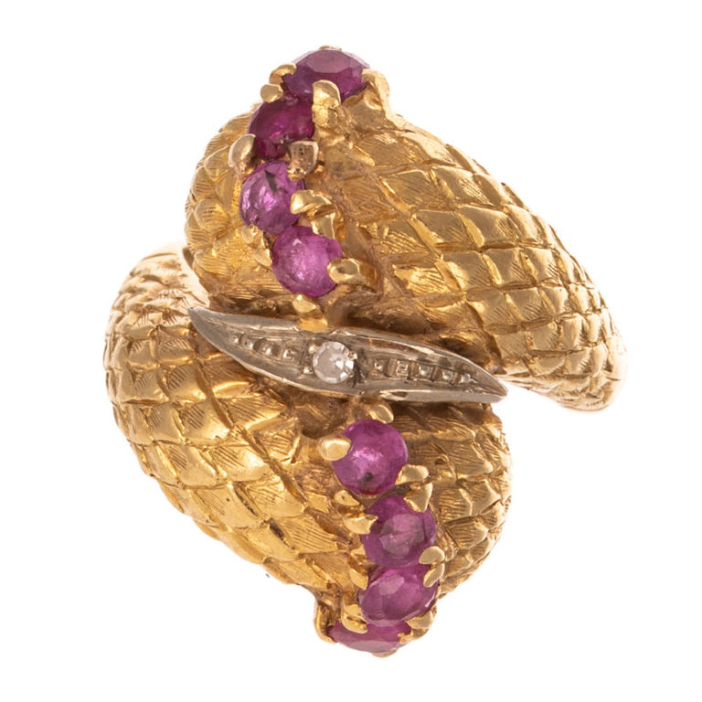 18k Yellow Gold Ruby and Diamond Bypass Ring