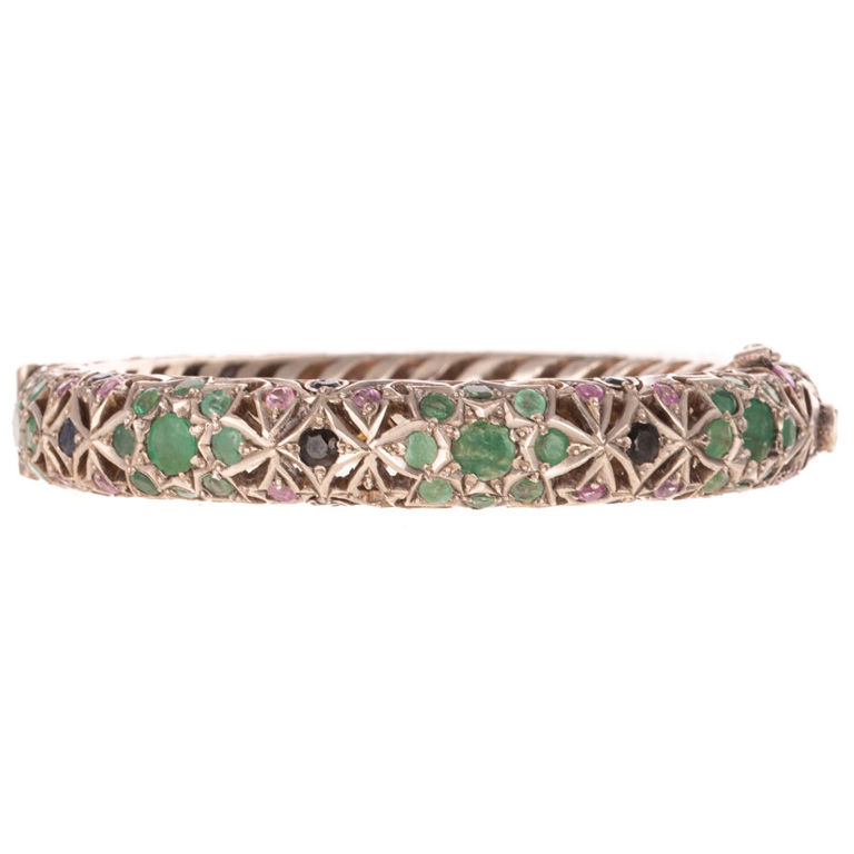 Silver Emerald and Sapphire Bangle Bracelet