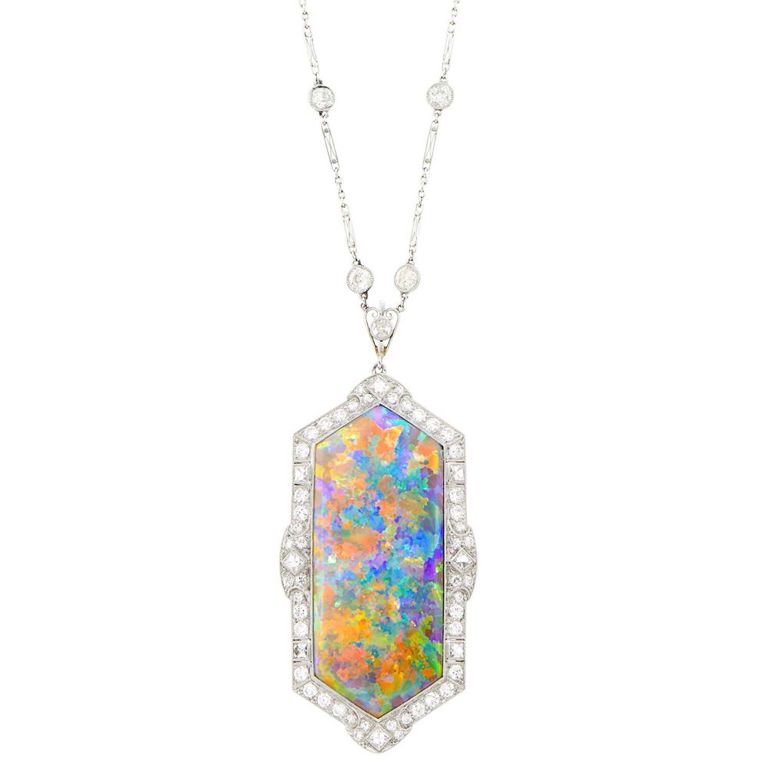 Platinum Black Opal and Diamond Pendant Necklace
