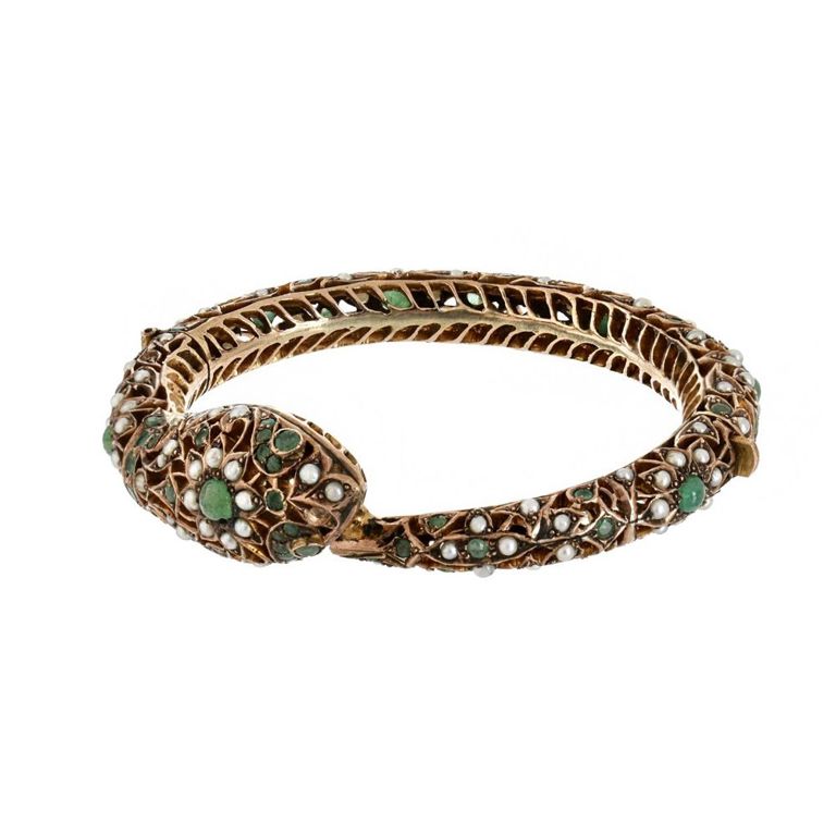 14k Gold Emerald and Pearl Hinged Snake Bracelet