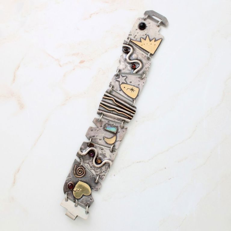 14k Yellow Gold and Silver Gemstone Link Bracelet