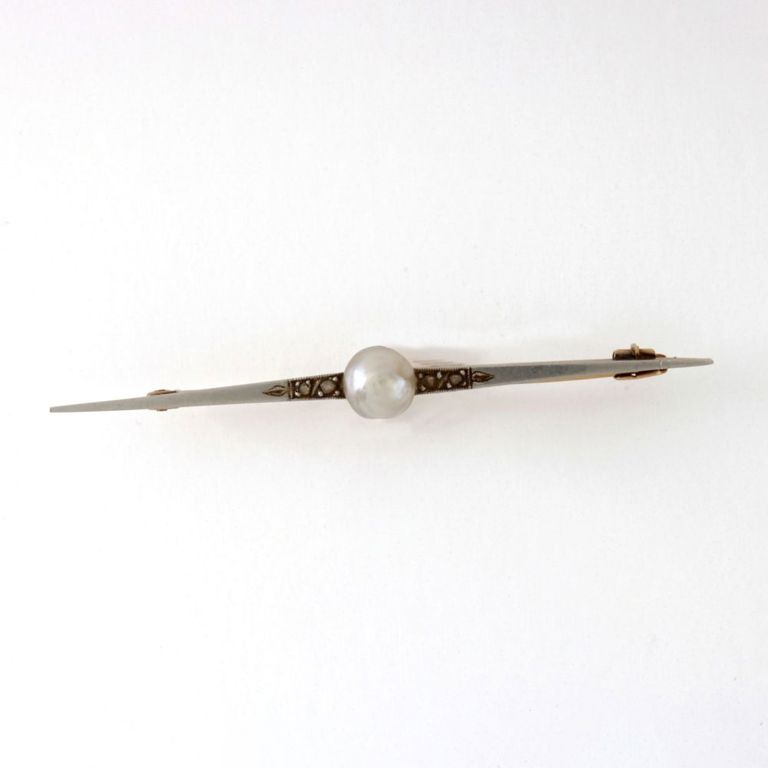 14k Gold and Platinum Pearl and Diamond Bar Brooch