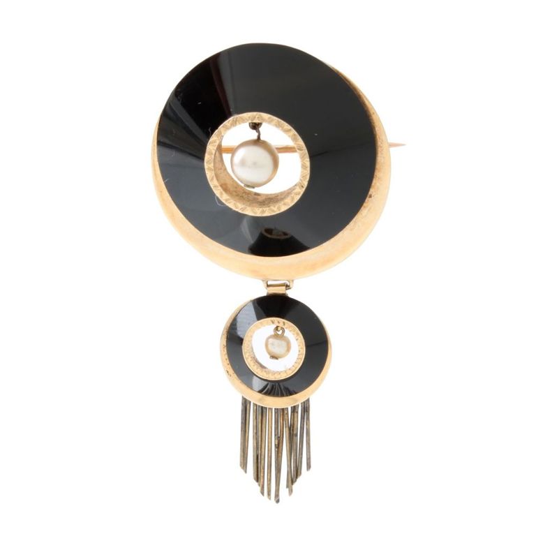 14k Yellow Gold Onyx and Pearl Brooch