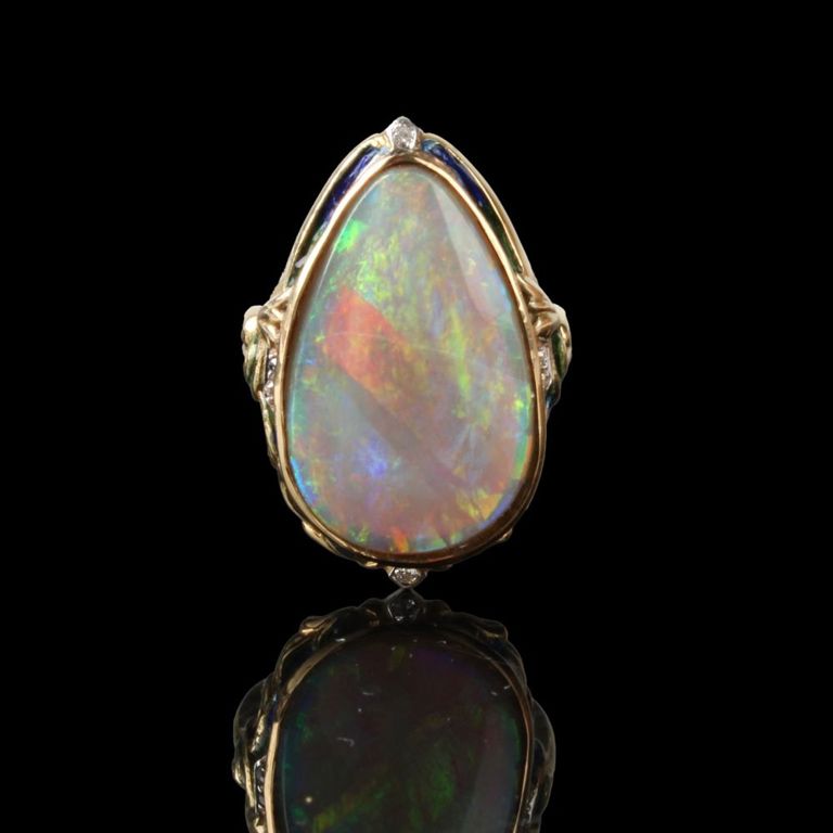 18k Yellow Gold Opal, Diamond and Enamel Ring
