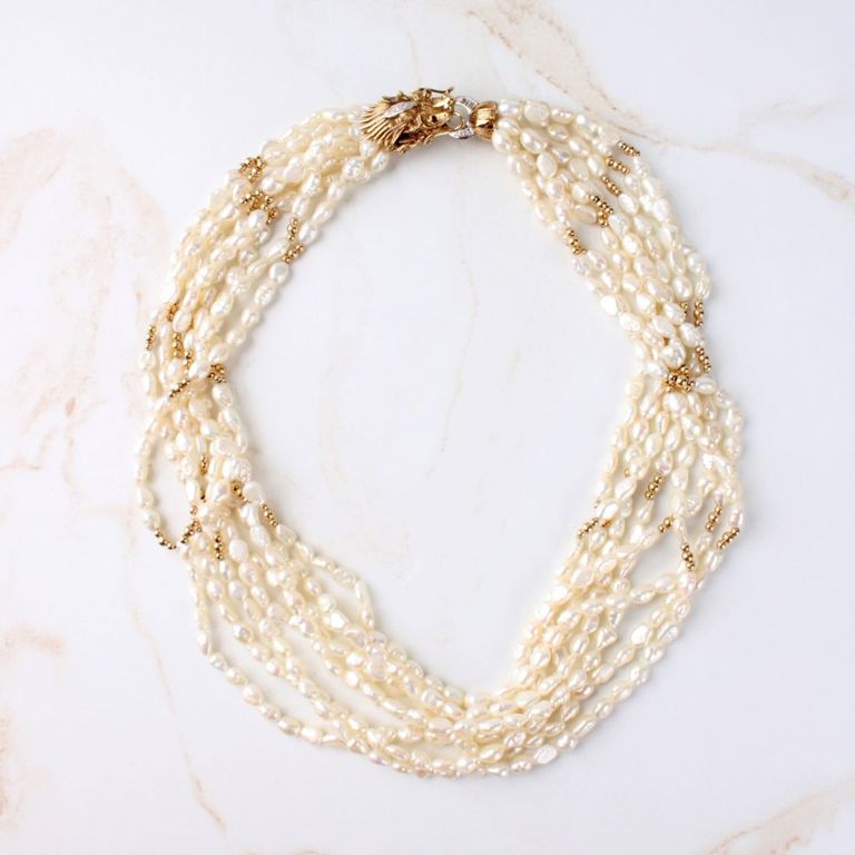 14k Yellow Gold Pearl, Ruby and Diamond Necklace