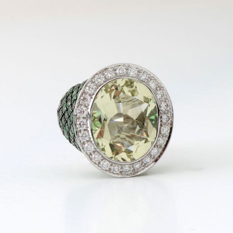 18k White Gold Quartz, Tsavorite and Diamond Ring