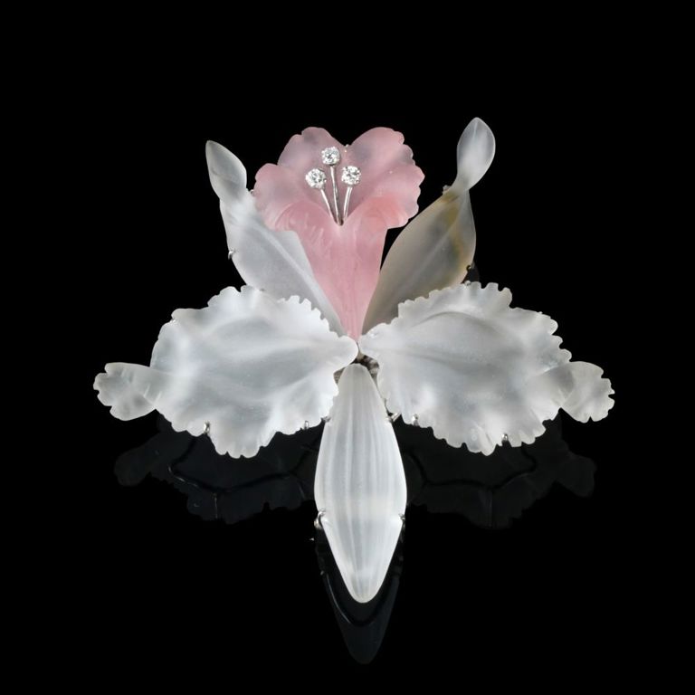 18k Gold Quartz and Diamond Iris Flower Brooch