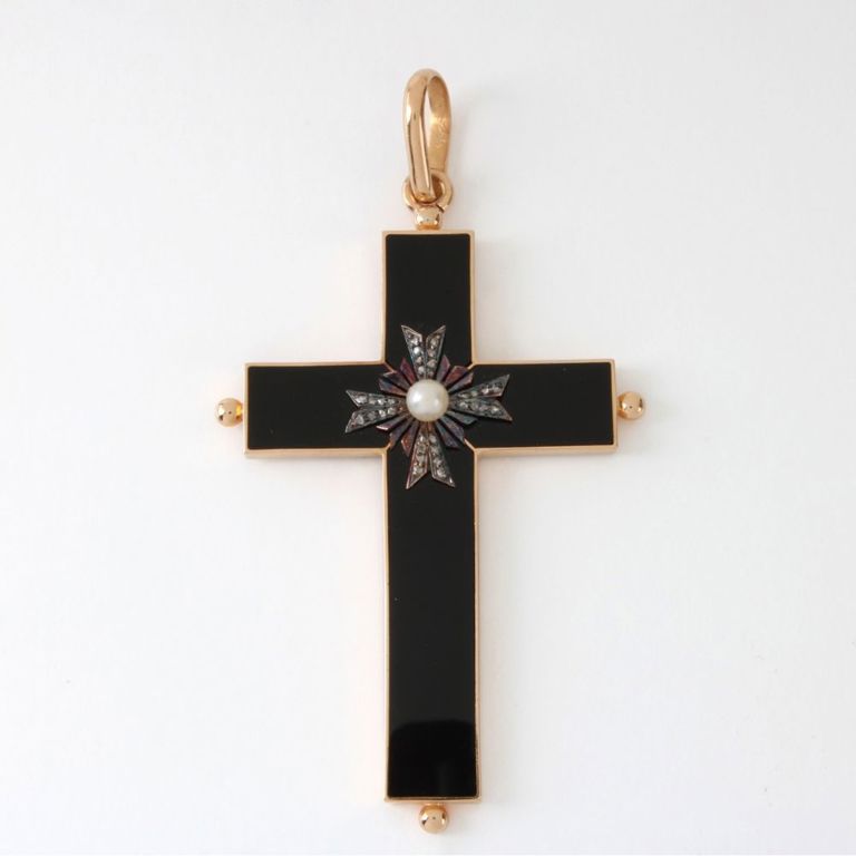 14k Gold Onyx, Diamond and Pearl Cross Pendant