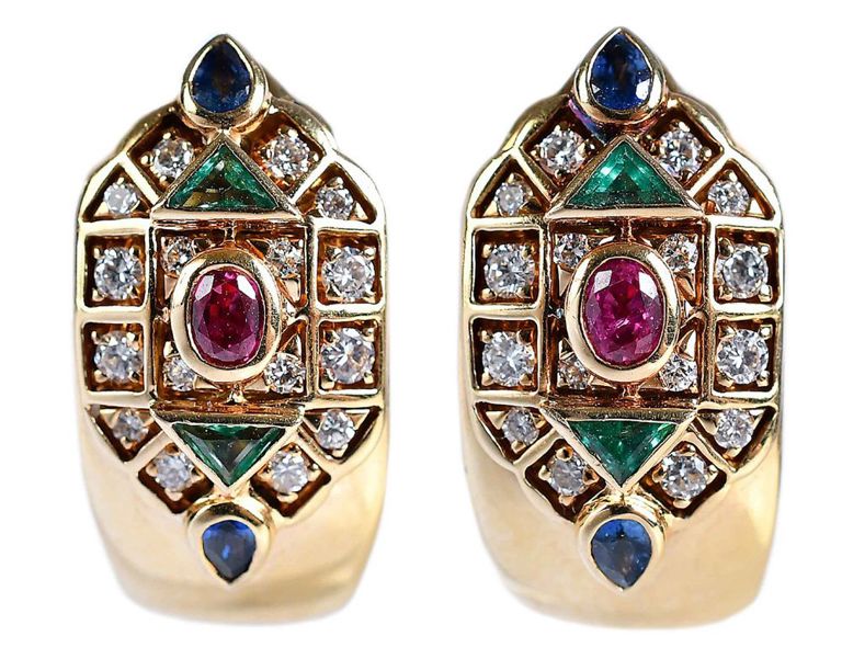 Ruby, Sapphire, Emerald and Diamond Earrings