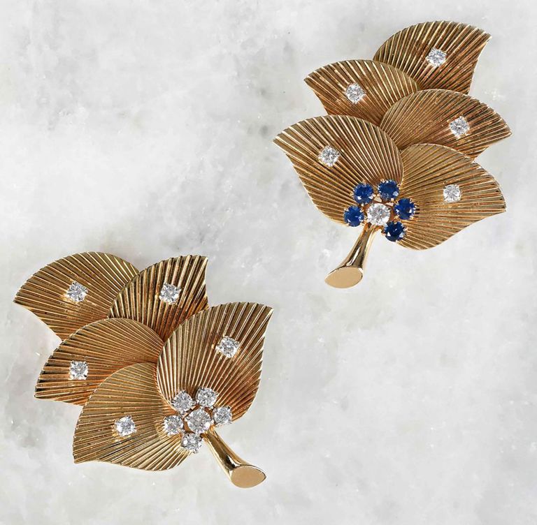 Two 14k Yellow Gold Diamond and Sapphire Brooches