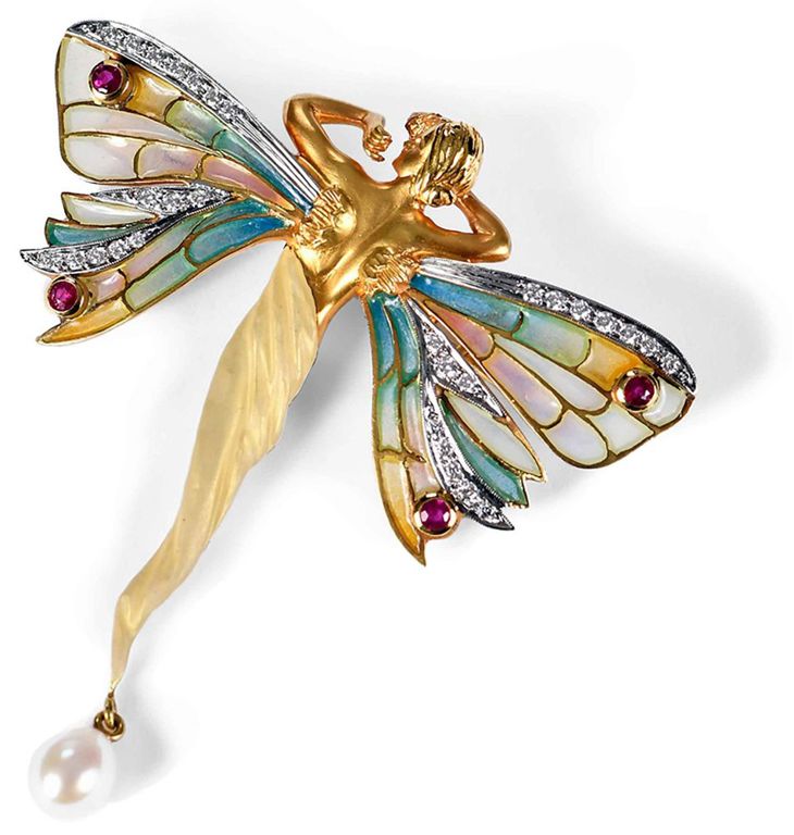 18k Yellow Gold Diamond, Ruby and Pearl Brooch