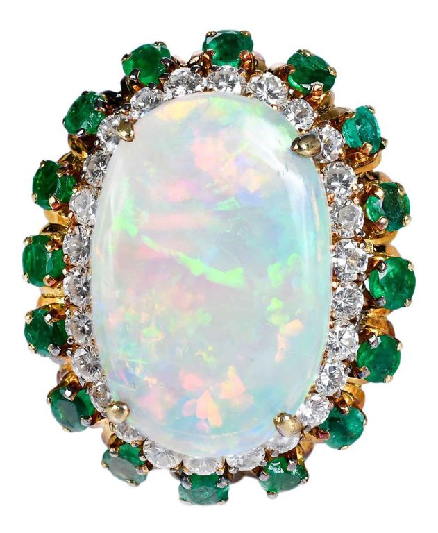 Gold Opal, Diamond and Emerald Ring