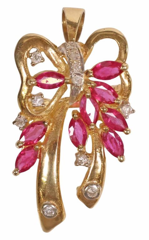14k Gold Diamond and Ruby Pendant Brooch