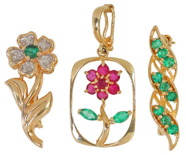 Set of 3 14k Gold Gemstone Pendants and Brooches