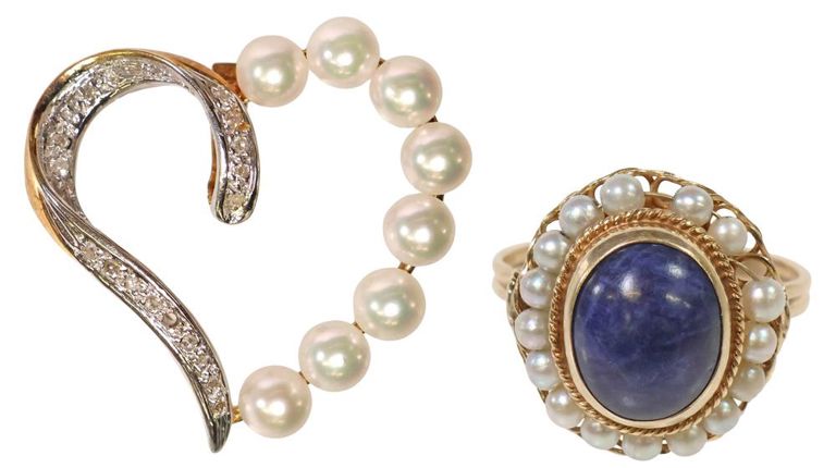 Set of 2 14k Gold Pearl, Diamond Pendant and Ring