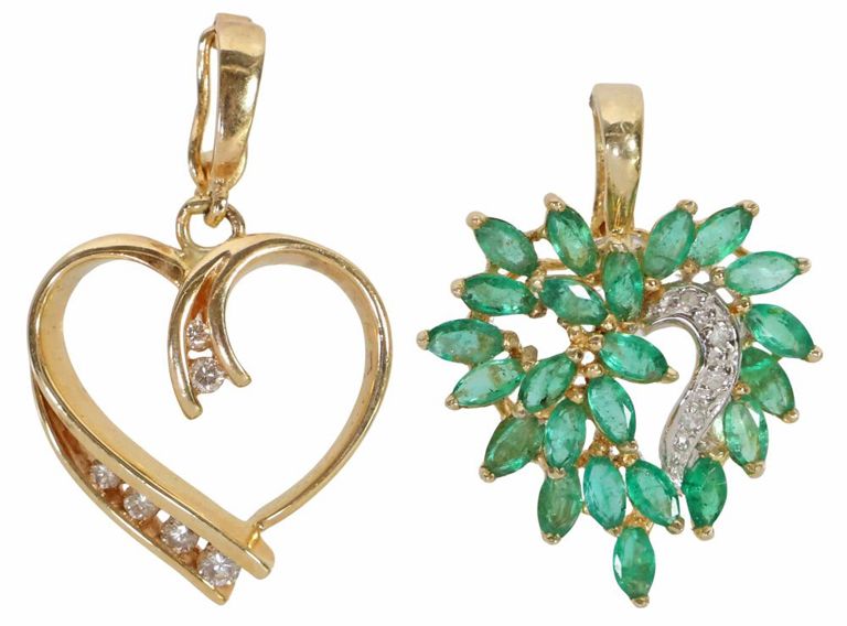 Set of 2 14k Gold Diamond and Emerald Pendants