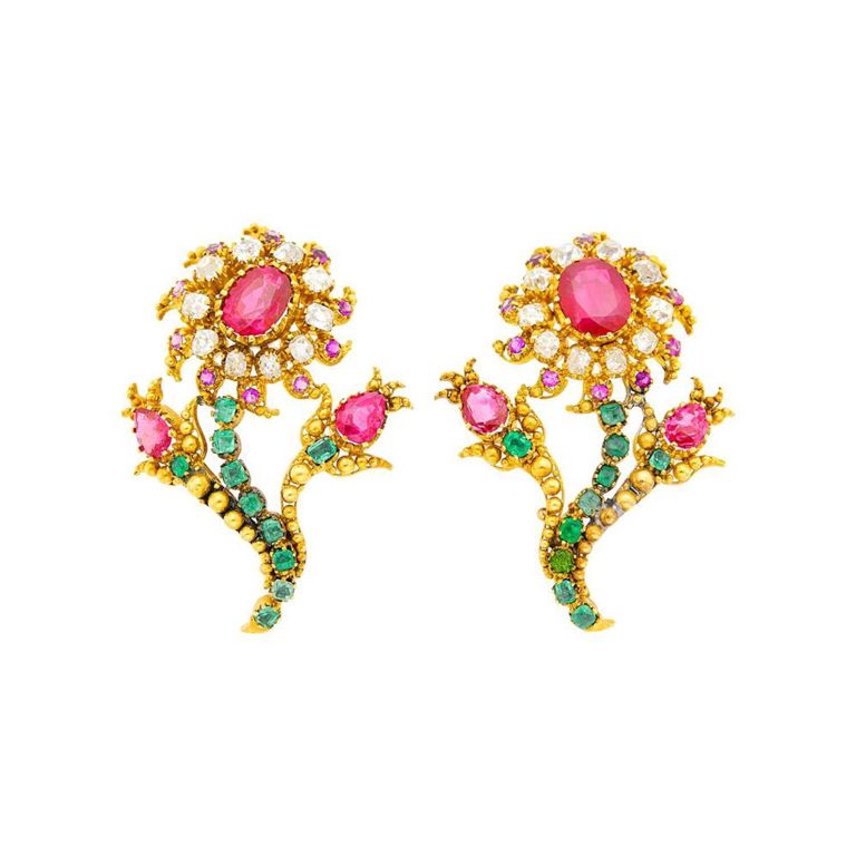 Pair of Ruby and Emerald Brooches