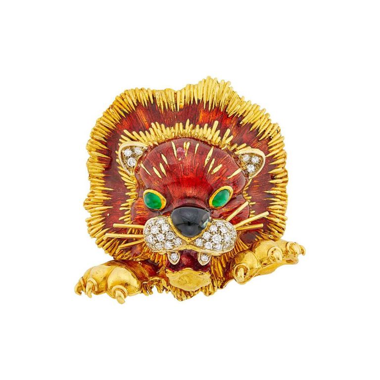 Enamel, Diamond and Onyx Lion Brooch