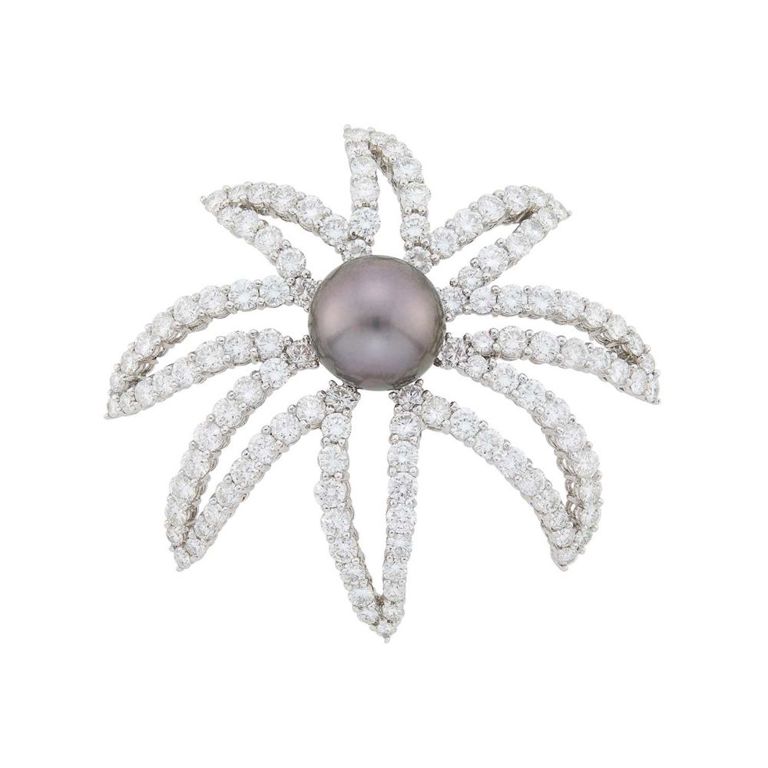 Pearl and Diamond Flower Brooch