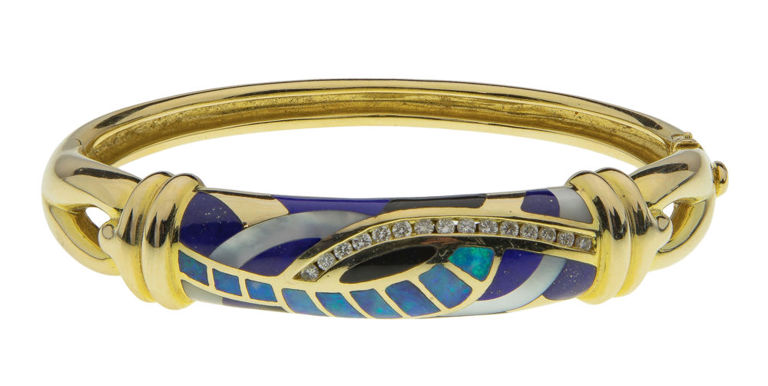 14k Yellow Gold Gemstone and Diamond Bangle