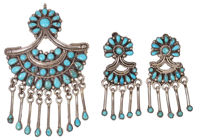 Set of 2 Silver Turquoise Pendant and Earrings