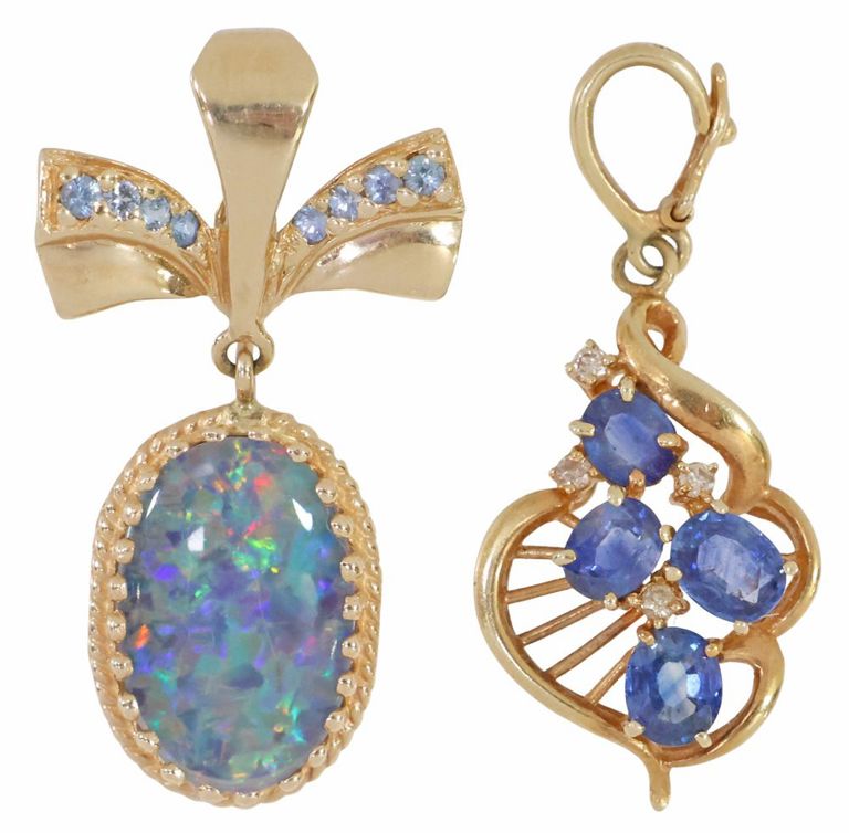Set of 2 14k Gold Sapphire and Opal Pendants