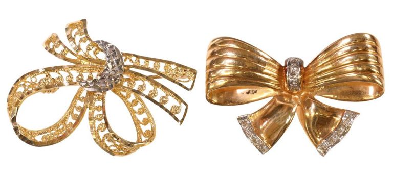 Set of 2 14k Gold Diamond Bow Brooches