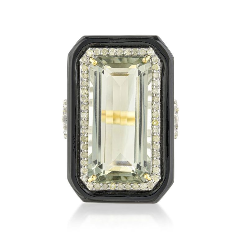 14k Yellow Gold Prasiolite Onyx and Diamond Ring