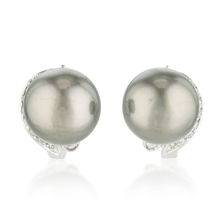 14k White Gold Black Pearl and Diamond Earrings
