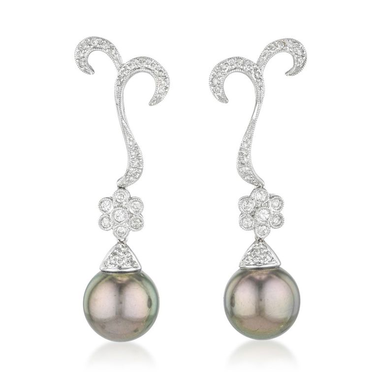 18k White Gold Black Pearl and Diamond Earrings