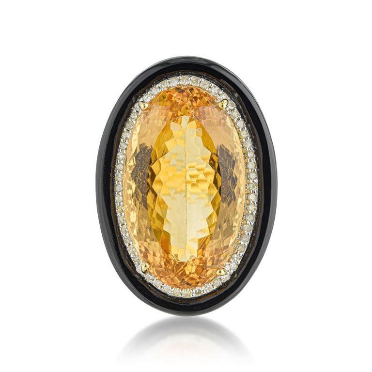 14k Yellow Gold Citrine Onyx and Diamond Ring