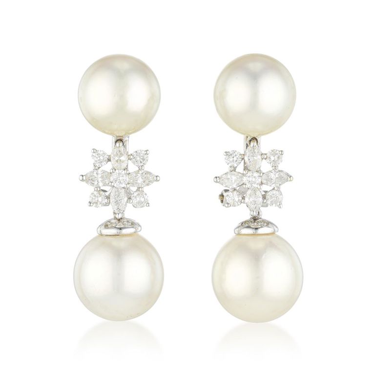 18k White Gold Pearl and Diamond Earrings