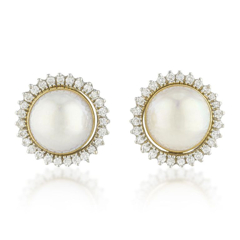 14k Yellow Gold Mabe Pearl and Diamond Earrings