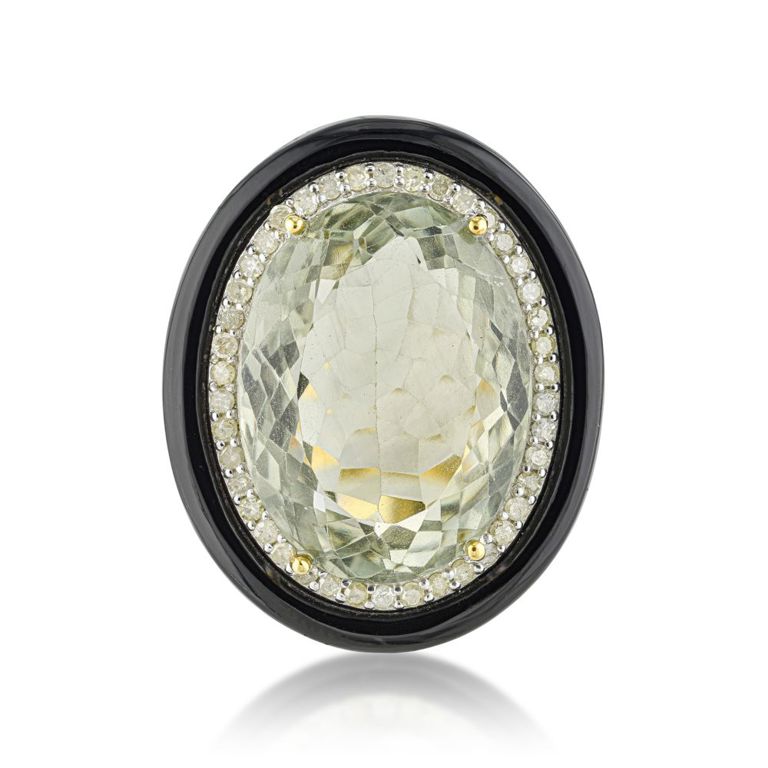 14k Yellow Gold Prasiolite Onyx and Diamond Ring