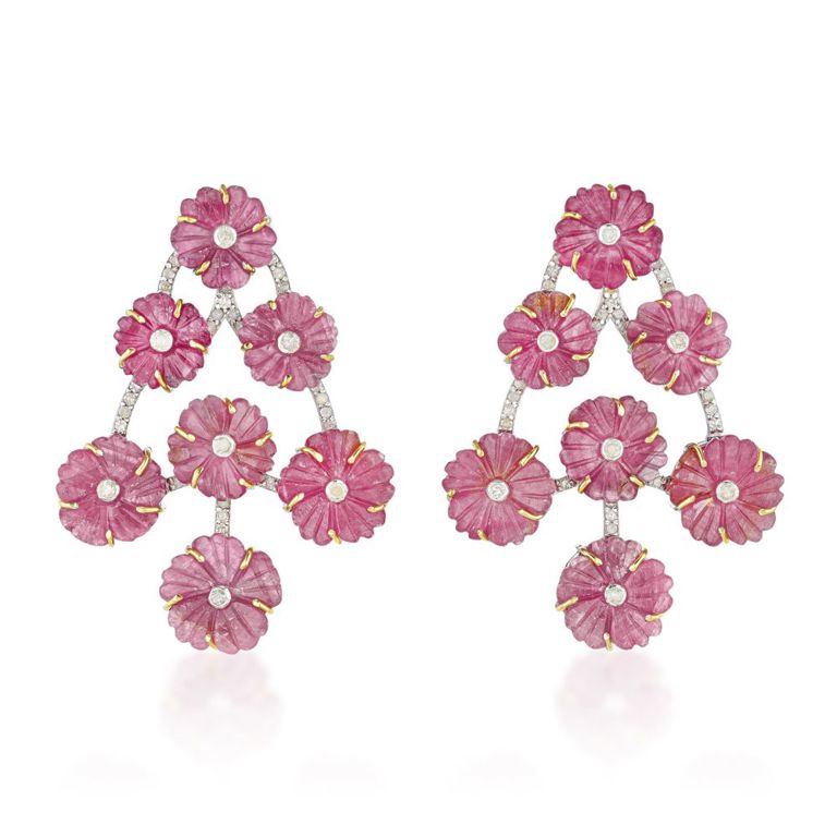 14k Yellow Gold Pink Sapphire and Diamond Earrings