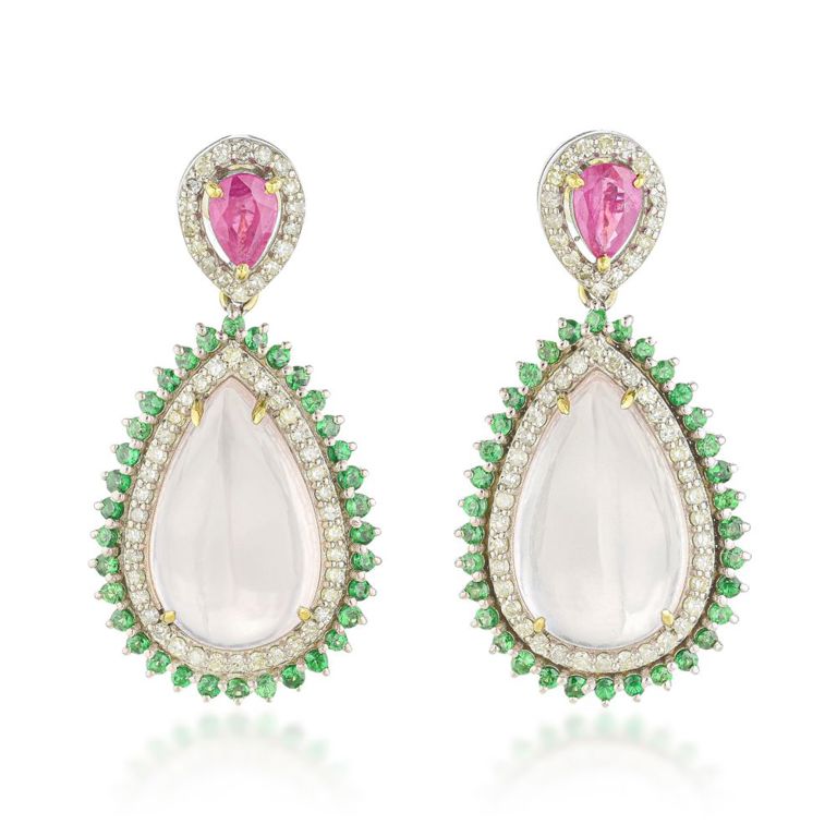 Gold Rose Quartz and Ruby Earrings