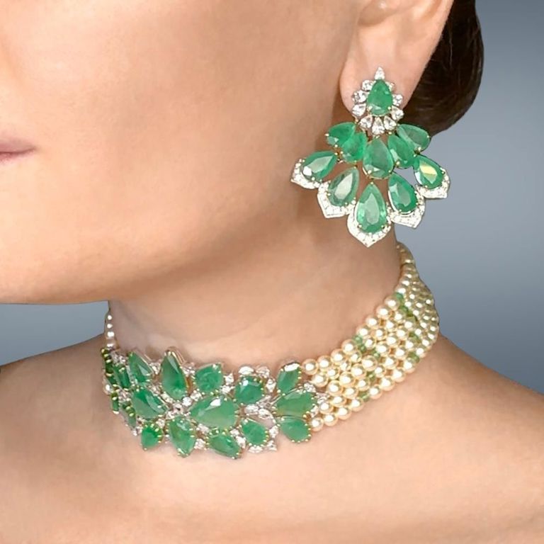 Emerald Pearl and Diamond Jewelry Set