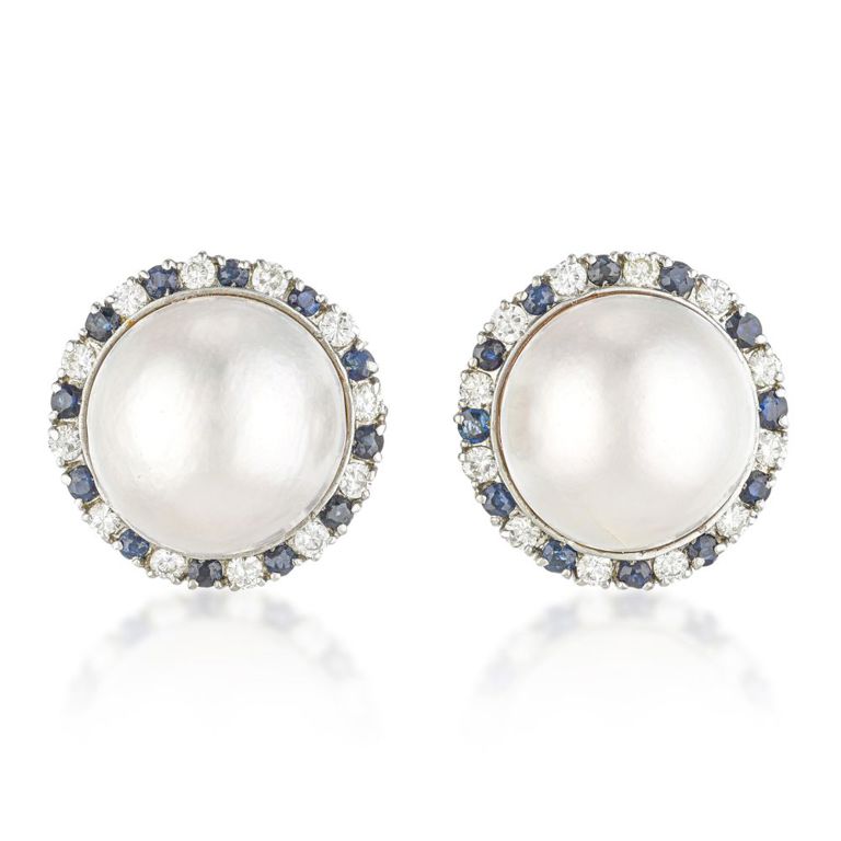 18k Gold Pearl, Sapphire and Diamond Earrings