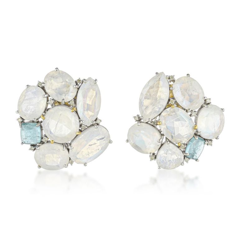 14k Yellow Gold Moonstone and Aquamarine Earrings